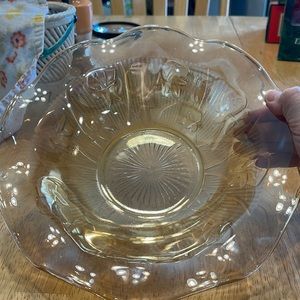 Vintage Iris Herringbone Depression Glass Bowl Light Peach Marigold Fluted Edge